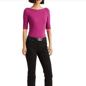 Pink Ralph Lauren Boat Neck Short Elbow Sleeve Cotton Knit Top